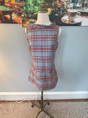 Devon Baer Gray Plaid Cowl Boat Neck Sleeveless Silk Tunic Dress Size S